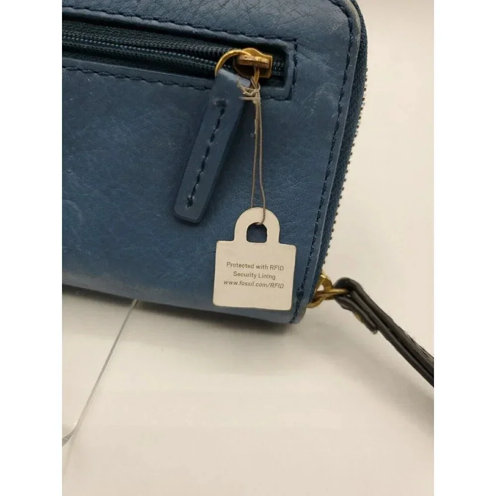 Fossil Two Tone Blue Leather Wallet Wristlet Fold Over Snap and Zip Compartment